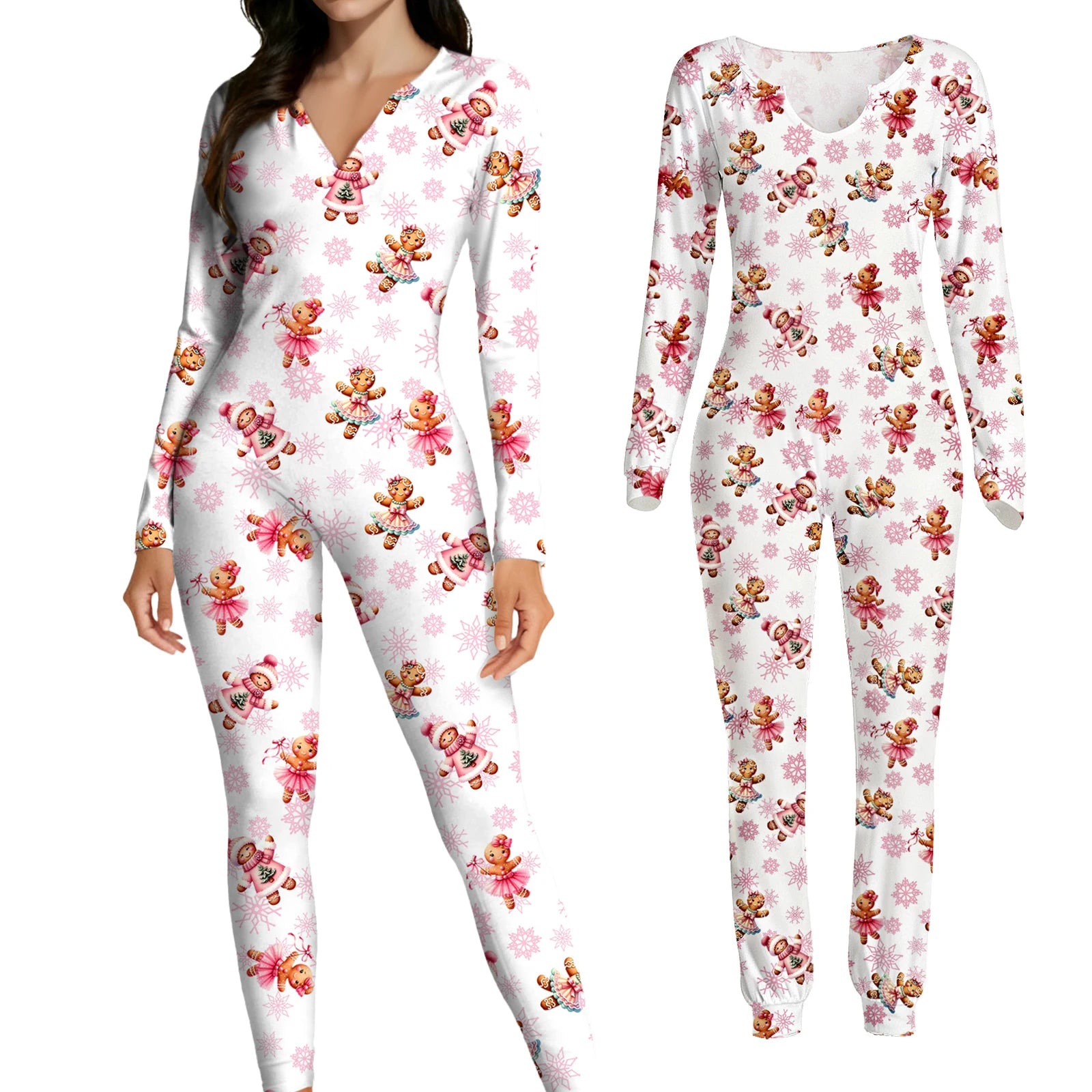 Women's white Christmas gingerbread jumpsuit shown from the front and back
