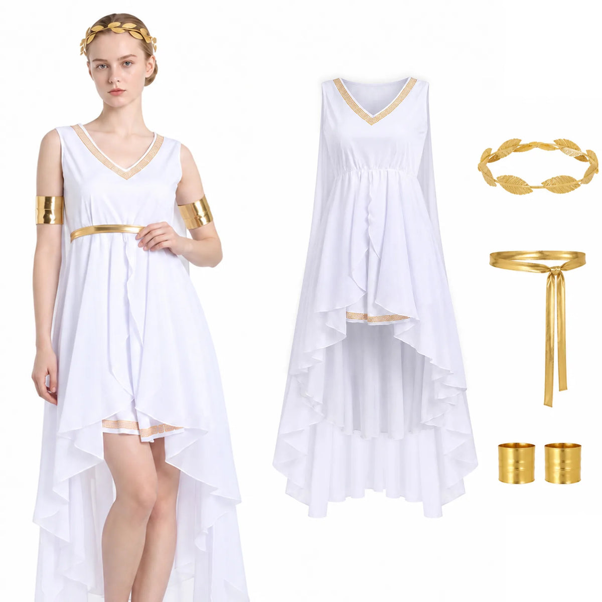 Women's white Greek goddess costume front view with high-low draped skirt