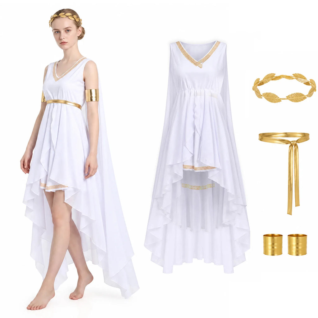 Women's Greek goddess costume alternate styled view with gold-tone accessories