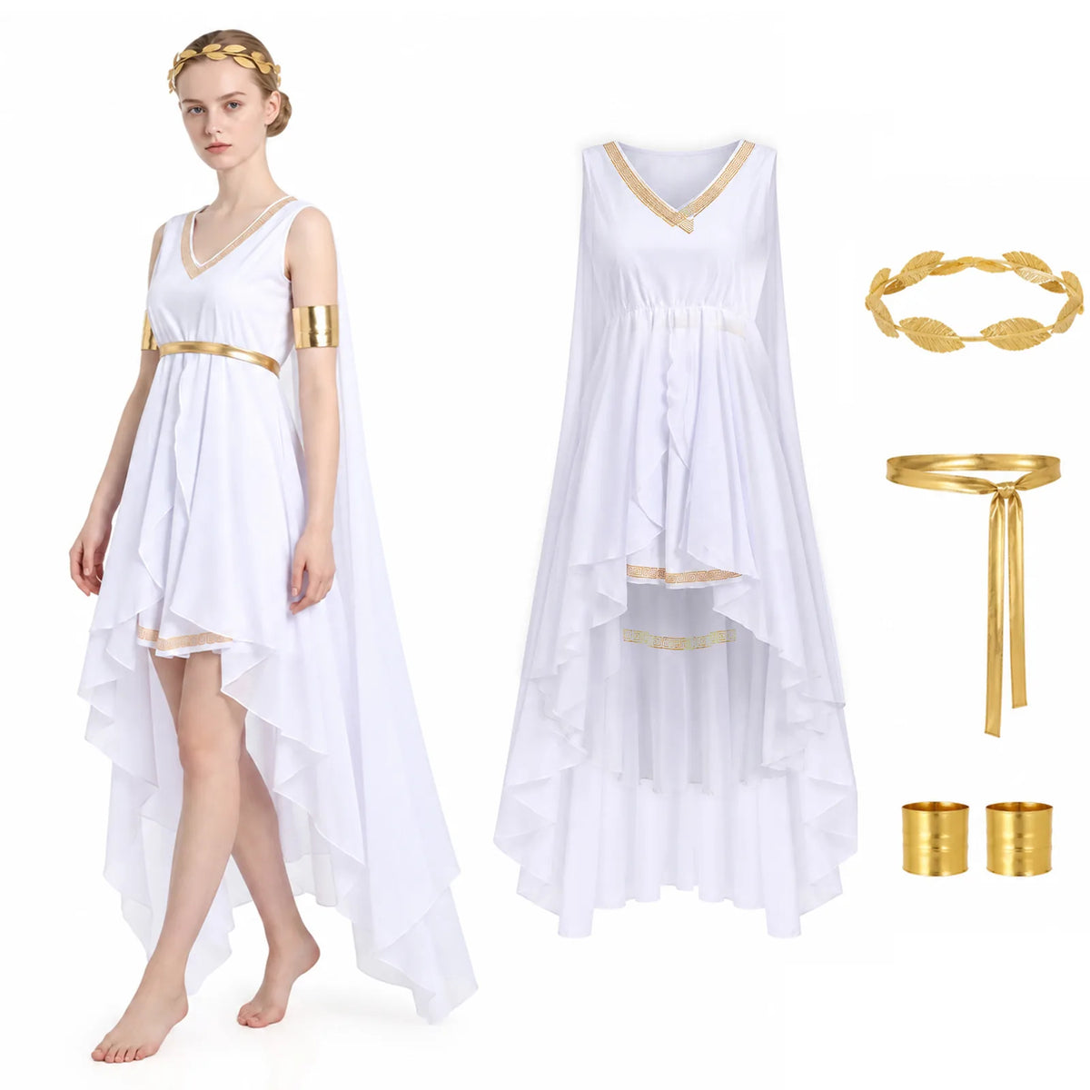 Women's Greek goddess costume alternate styled view with gold-tone accessories