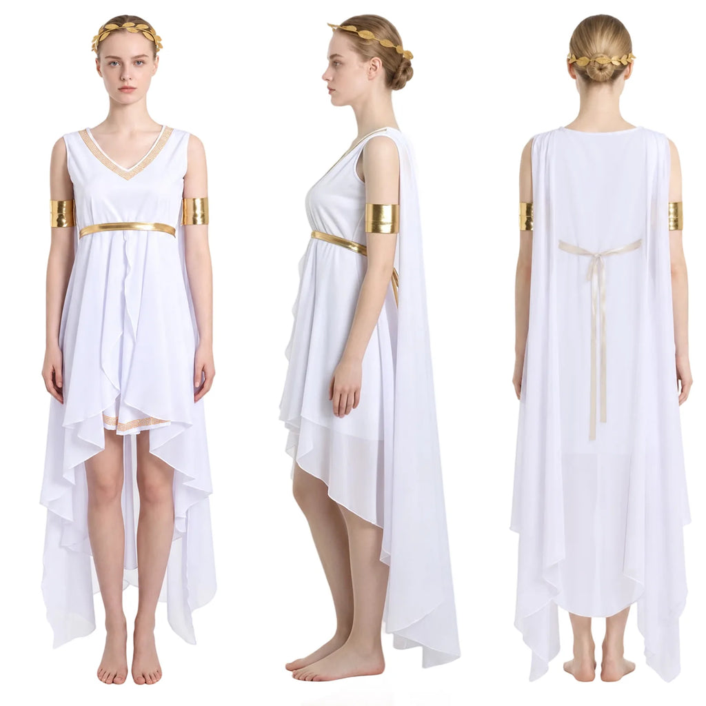 Women's white Greek goddess costume back view showing dress silhouette