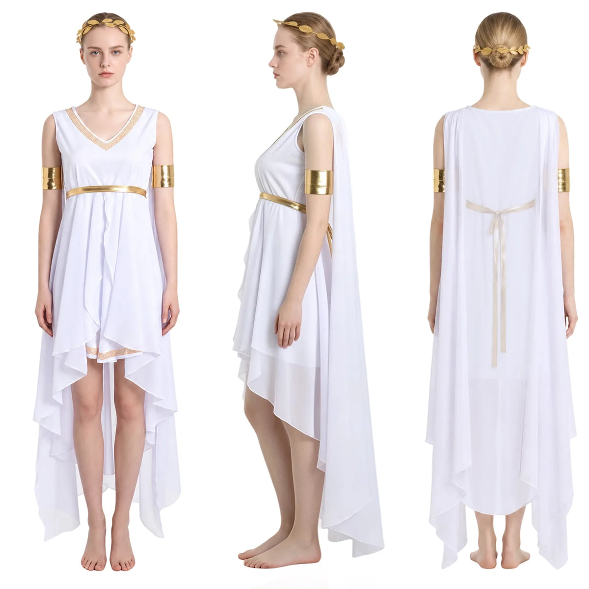Women's white Greek goddess costume back view showing dress silhouette
