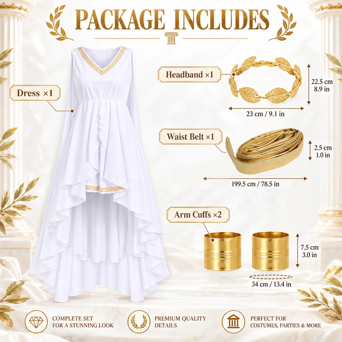 White Greek goddess costume set contents with dress and accessories