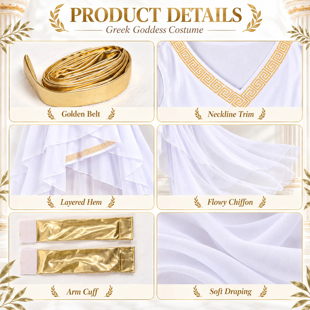 White Greek goddess dress details with gold-tone trim and belt