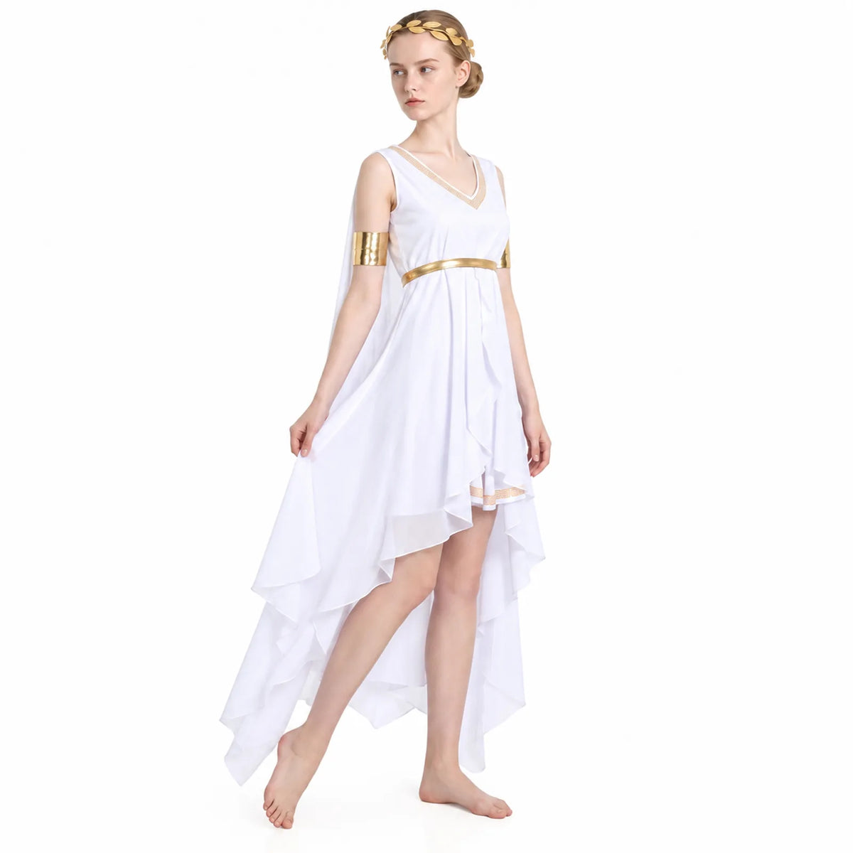 White Greek goddess costume dress front view with flowing draped skirt