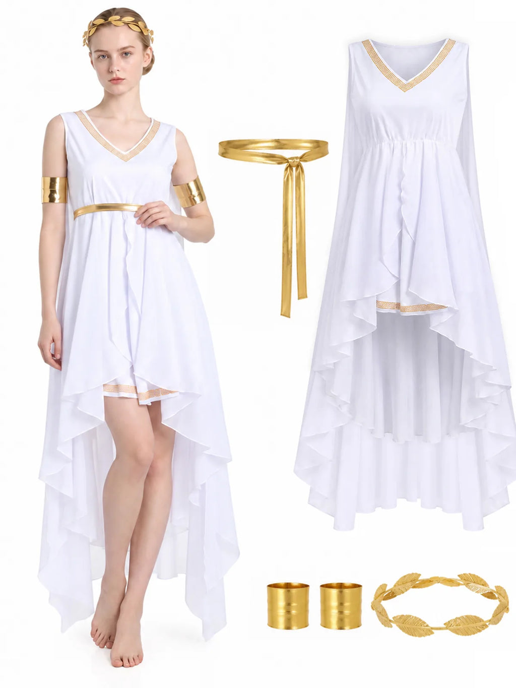 Women's white Greek goddess costume set with gold-tone belt and accessories