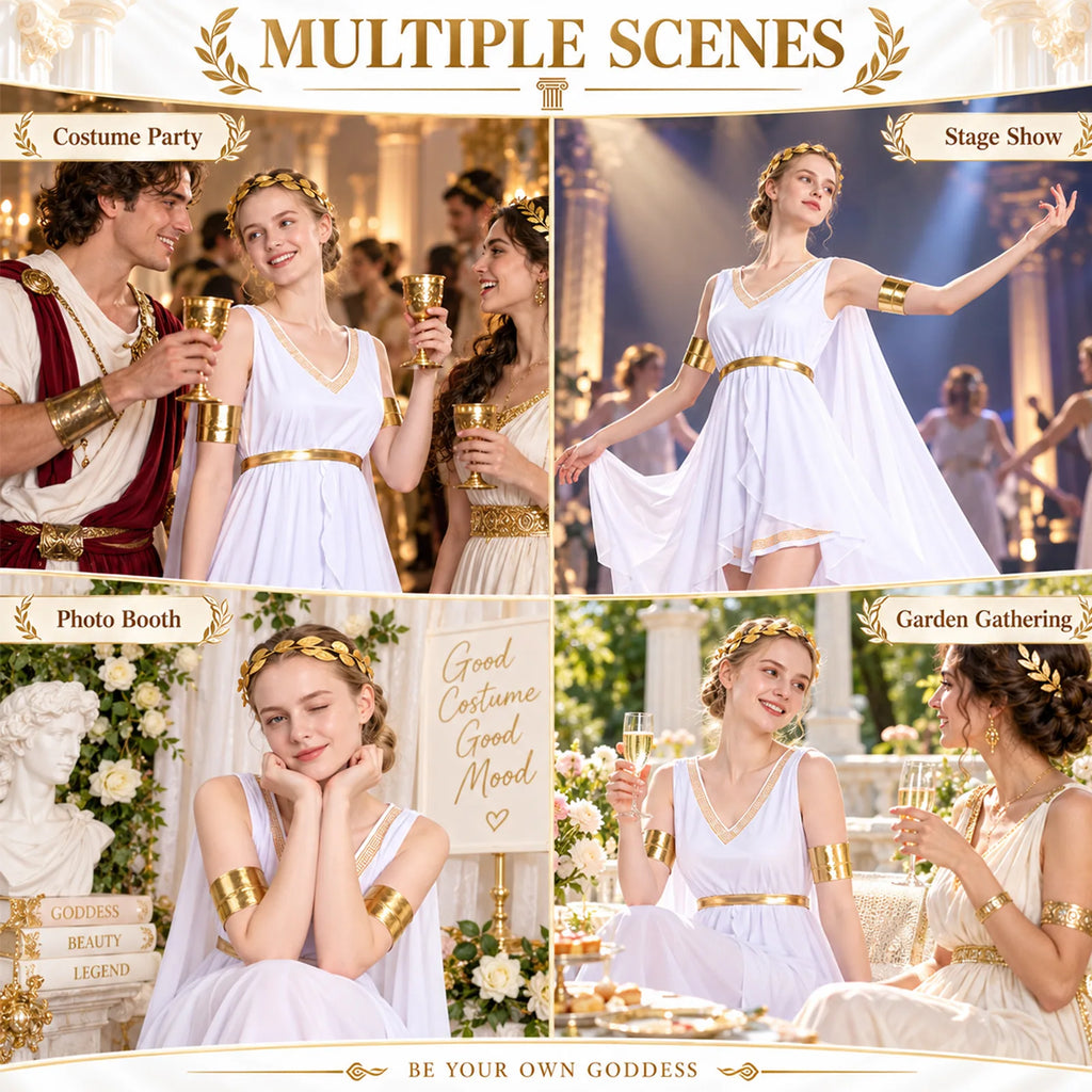 Women's Greek goddess costume shown across multiple coordinated styling scenes