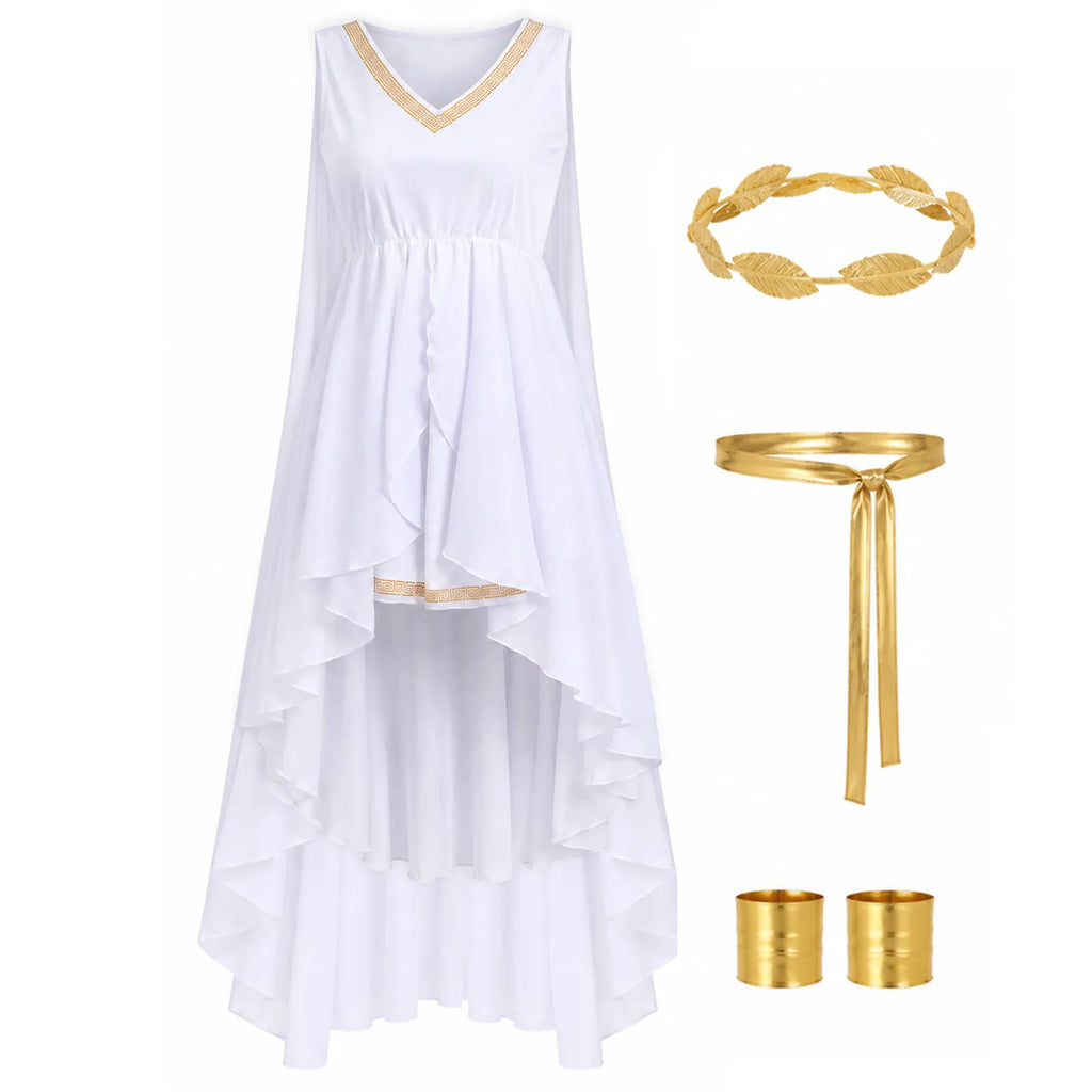 Women's white Greek goddess costume side view with gold-tone details