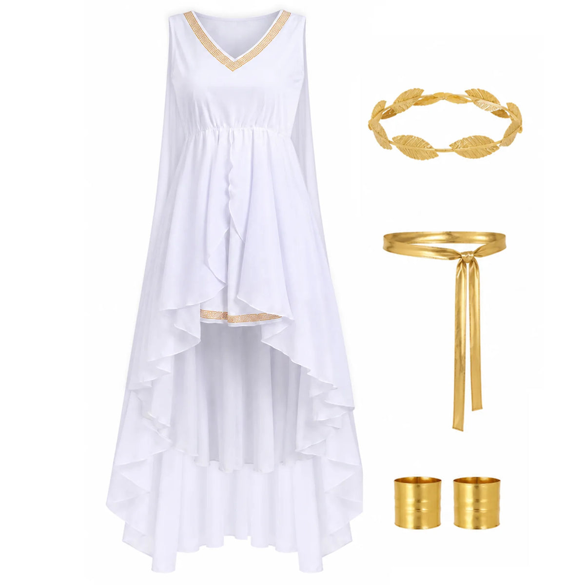 Women's white Greek goddess costume side view with gold-tone details