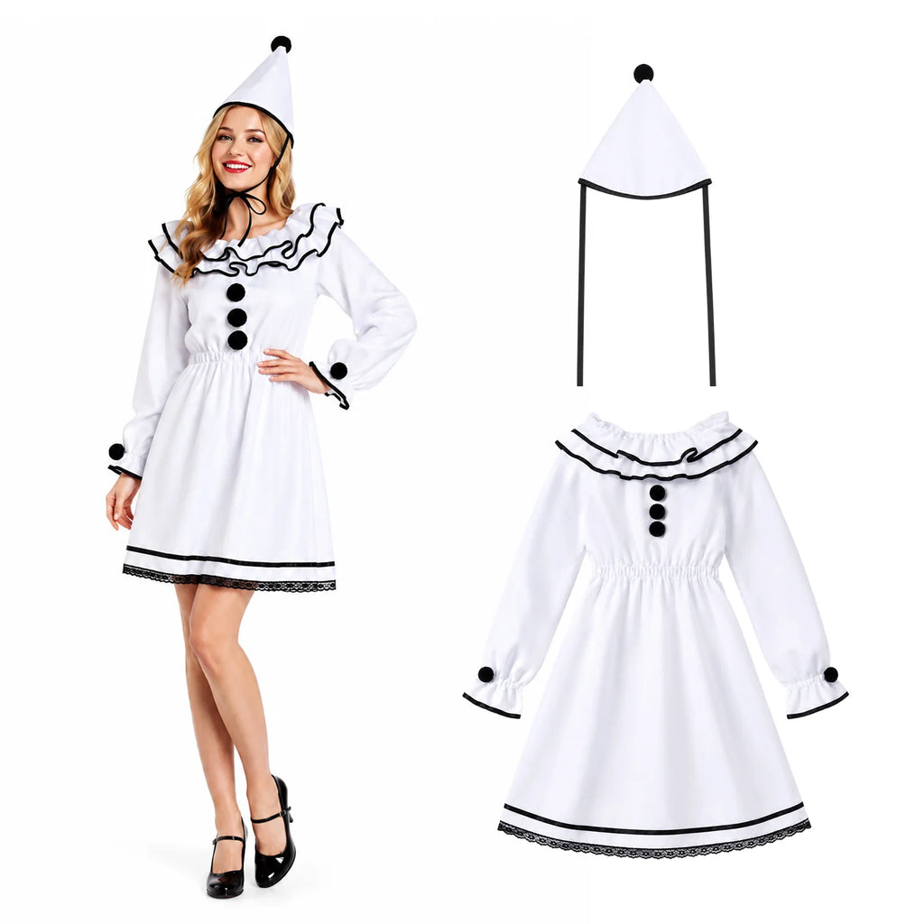 Women's white Pierrot clown dress with matching pointed hat