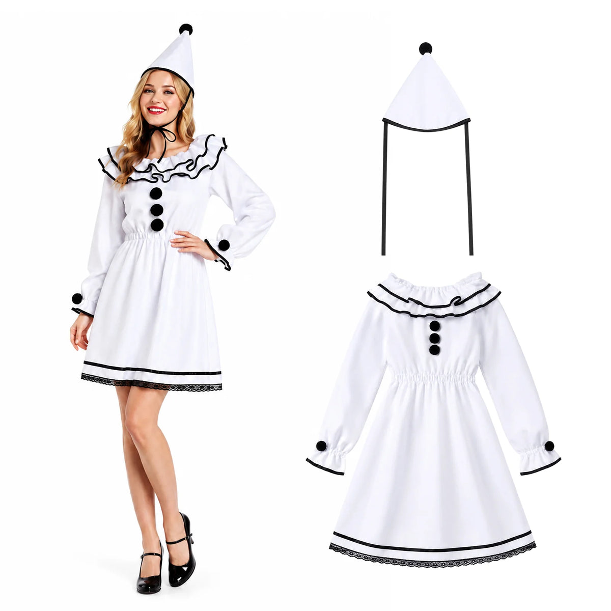 Women's white Pierrot clown dress with matching pointed hat