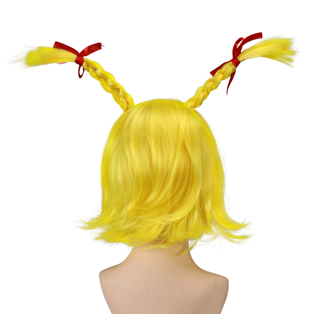 Back view of yellow bob wig with two red bow braids.