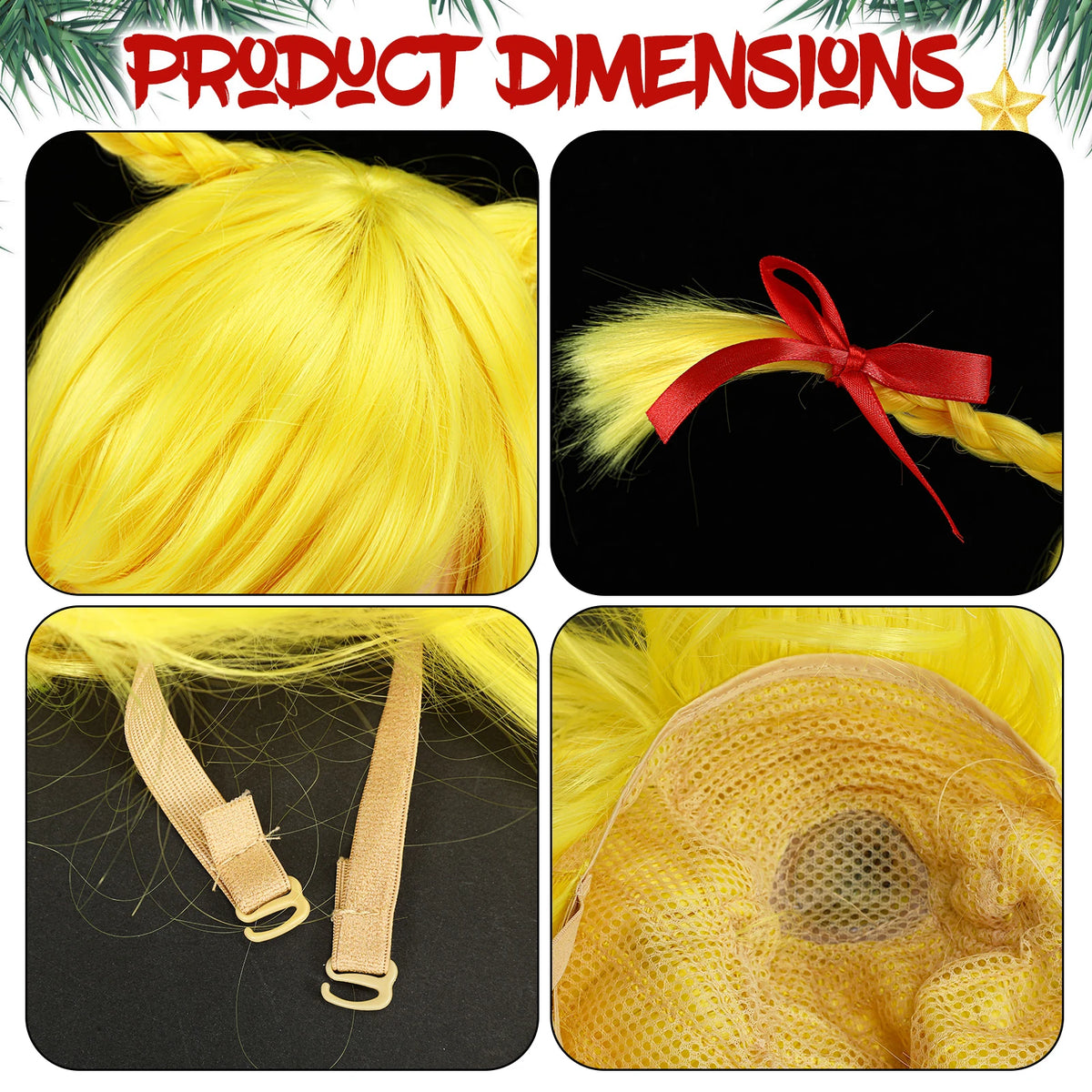 Detail panels show yellow wig fibers, a red bow, straps and mesh.