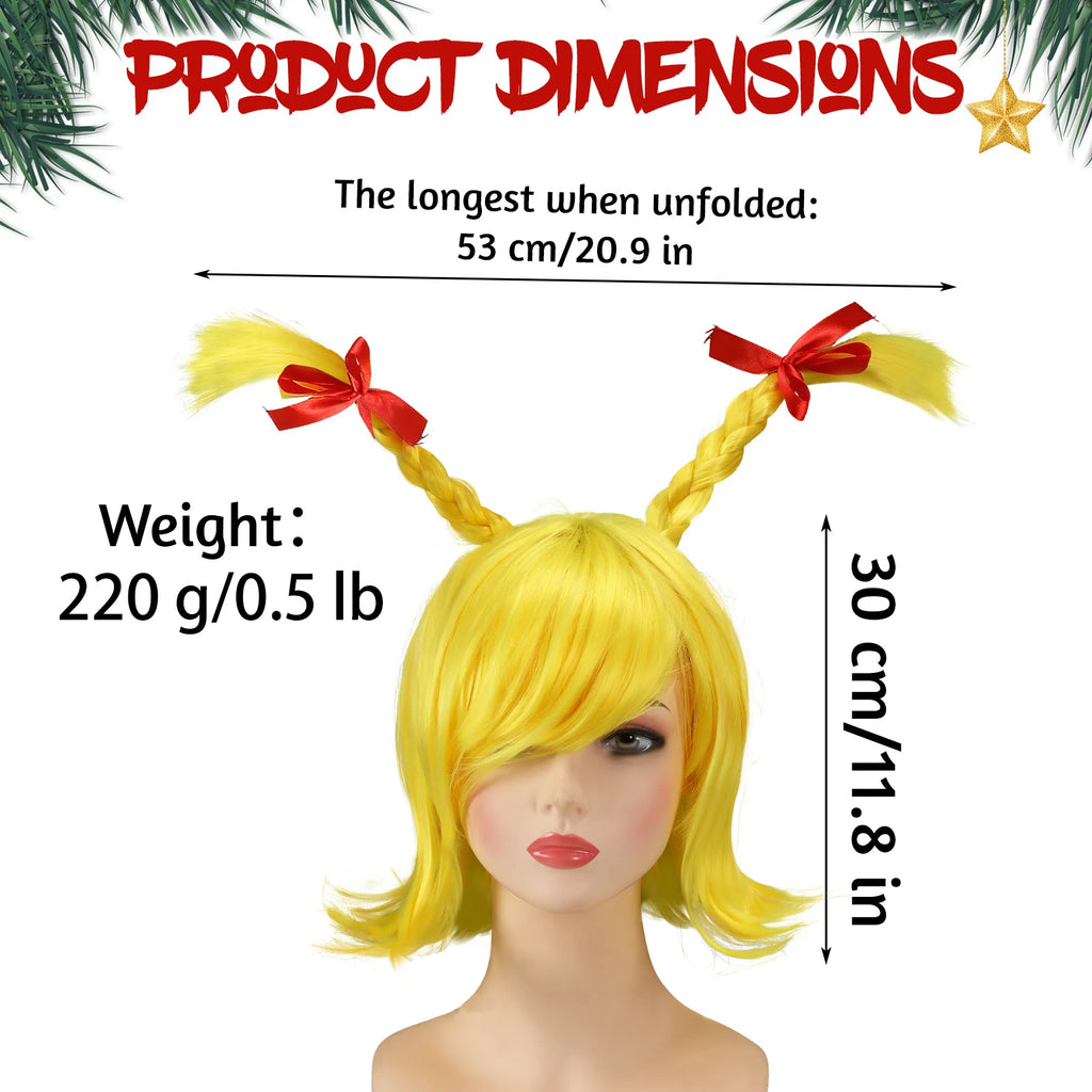 Dimension graphic shows the yellow wig height and unfolded braid width.