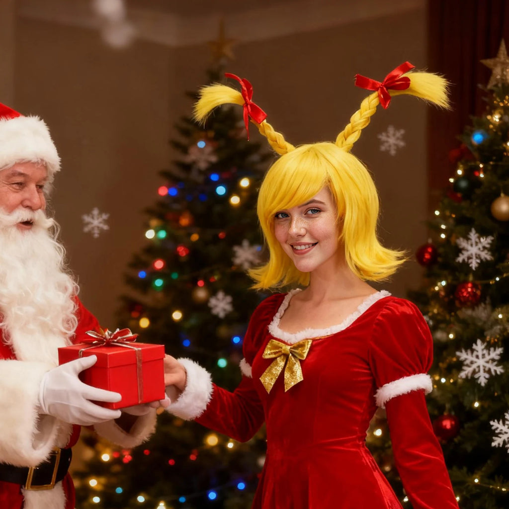 A woman wears the yellow bob wig while receiving a wrapped holiday gift.