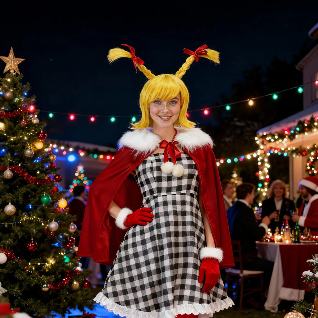 A woman wears the yellow braided bob wig at an outdoor holiday gathering.