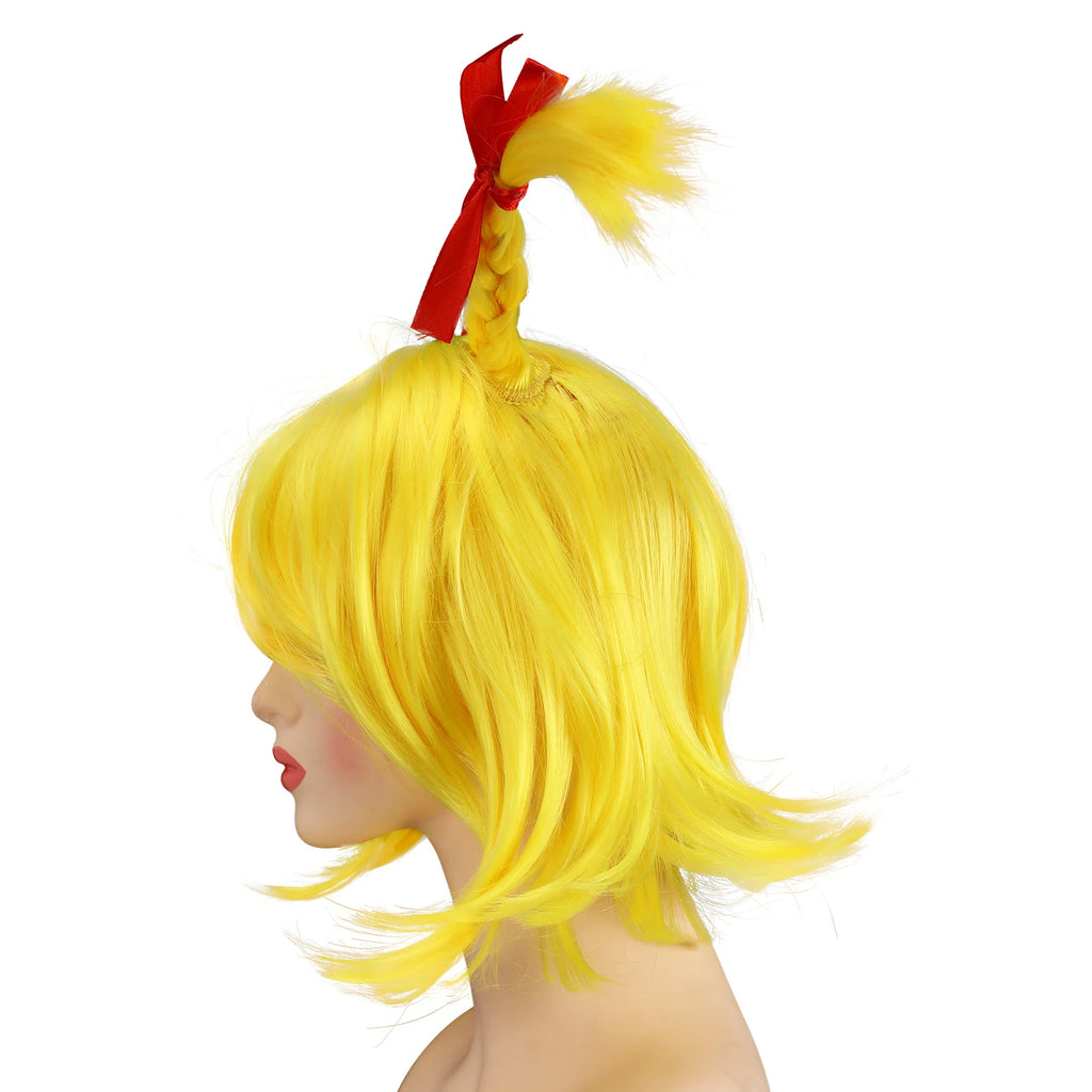Left side view of yellow bob wig and its upright braid.