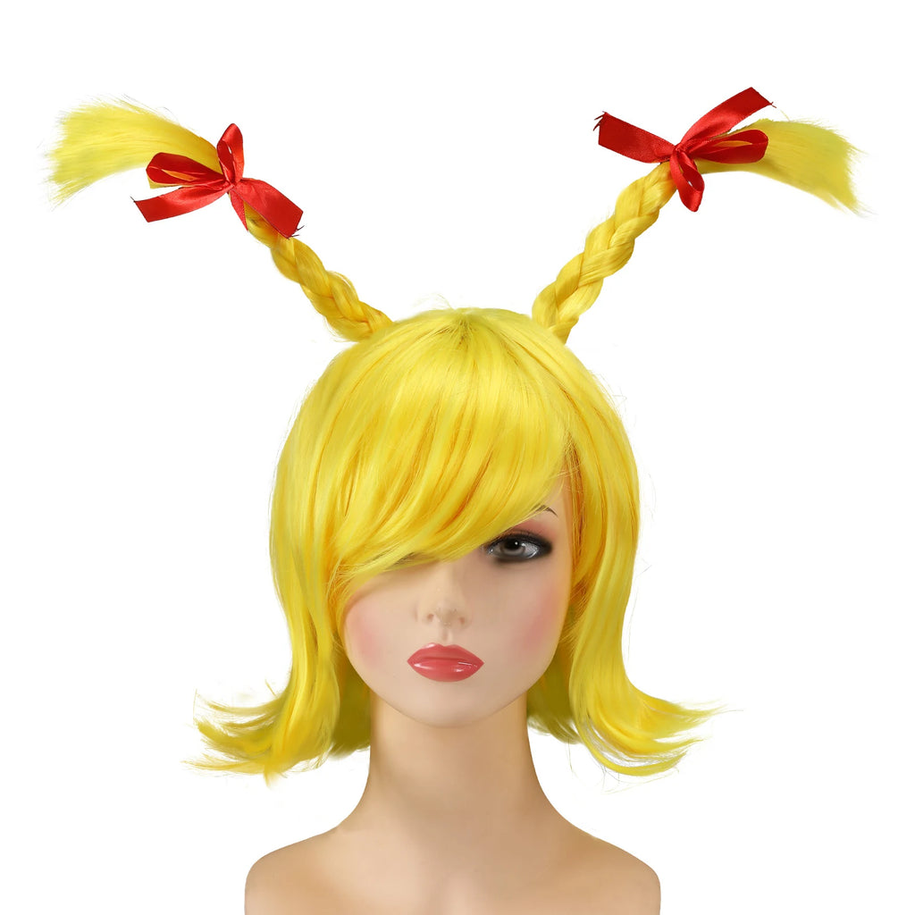 Front view of yellow bob wig with two red bow braids.