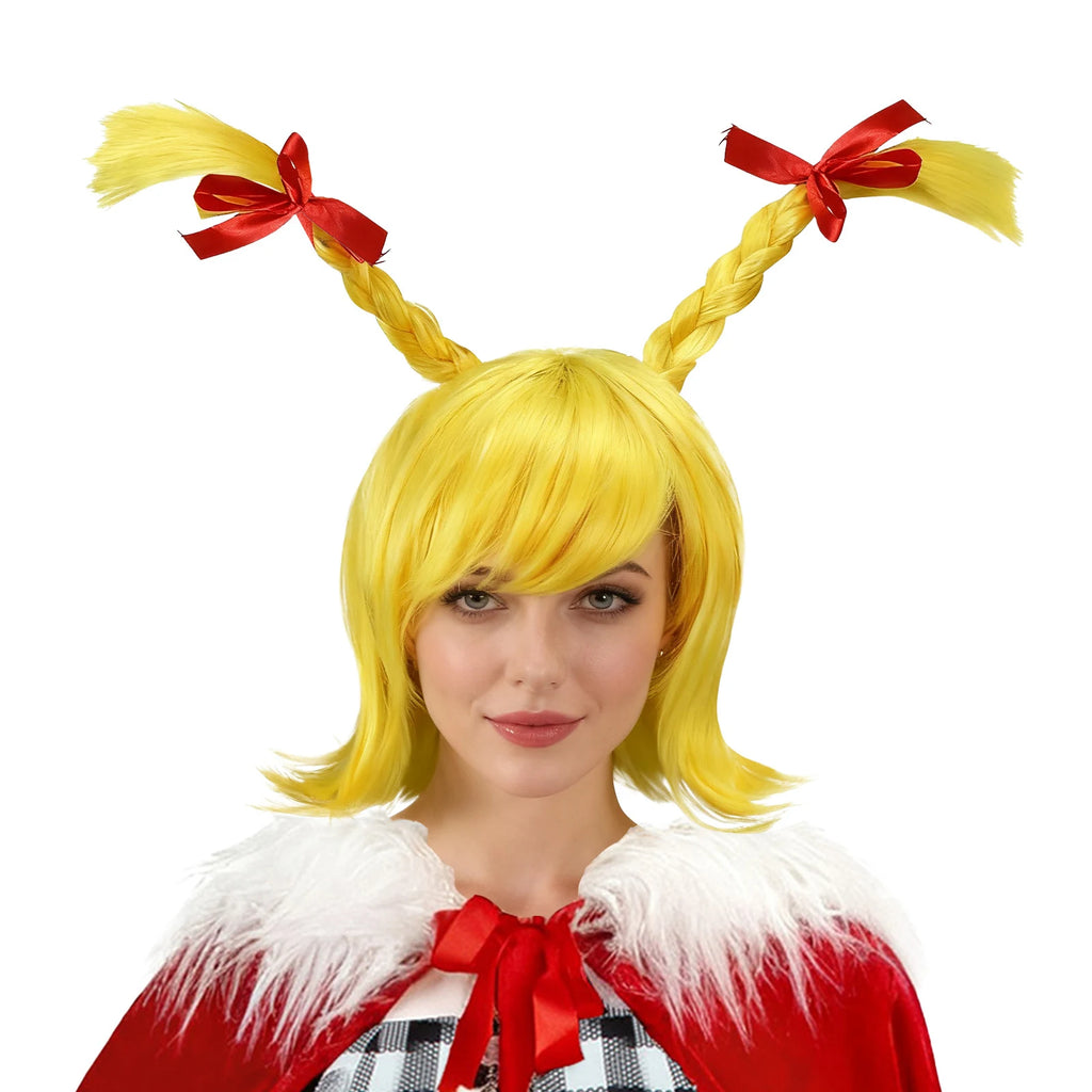 Model wears the yellow bob wig with upright braids and bows.