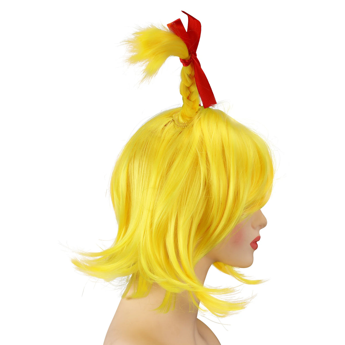 Right side view of yellow bob wig and its upright braid.