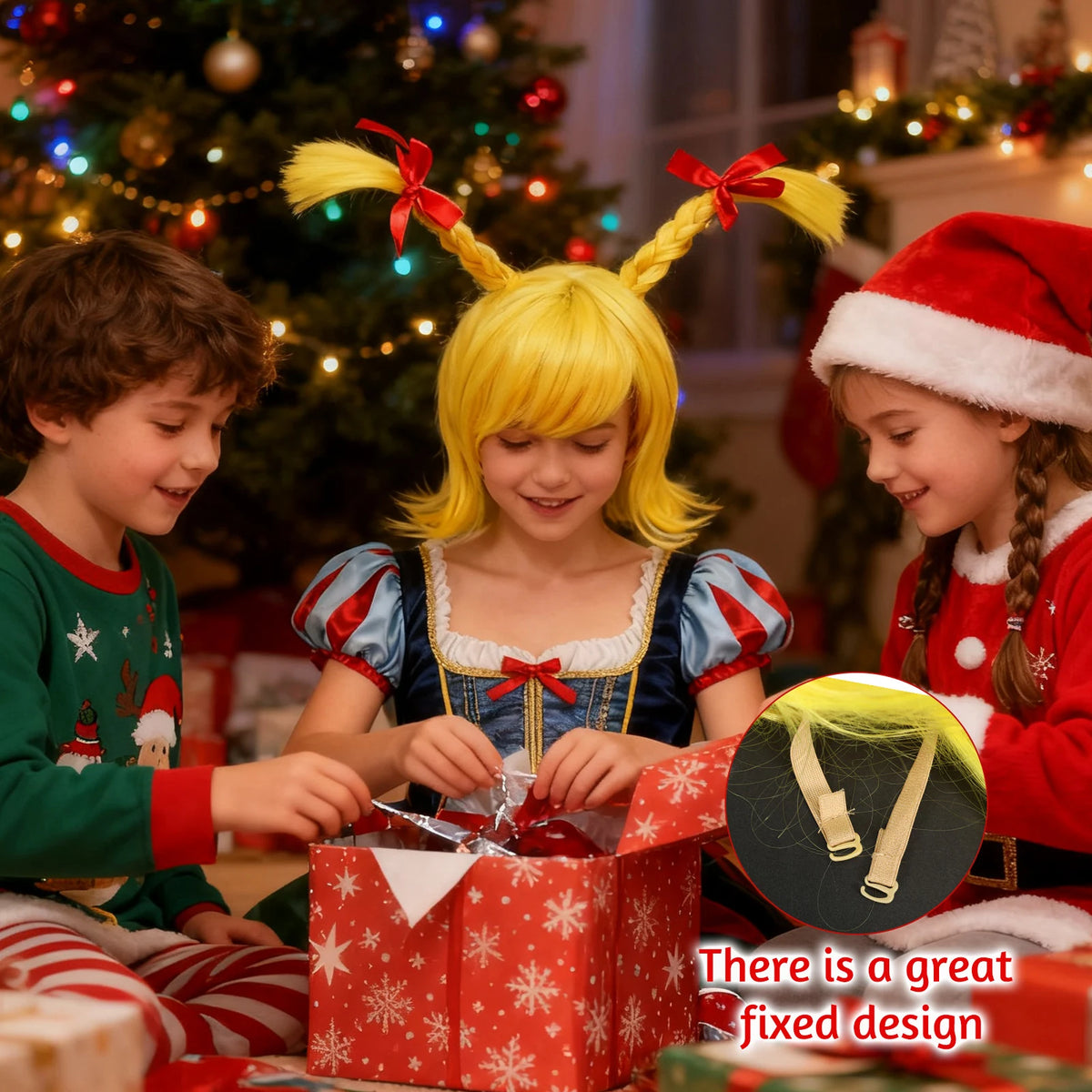 Holiday scene shows wig and close view of adjustable inner straps.