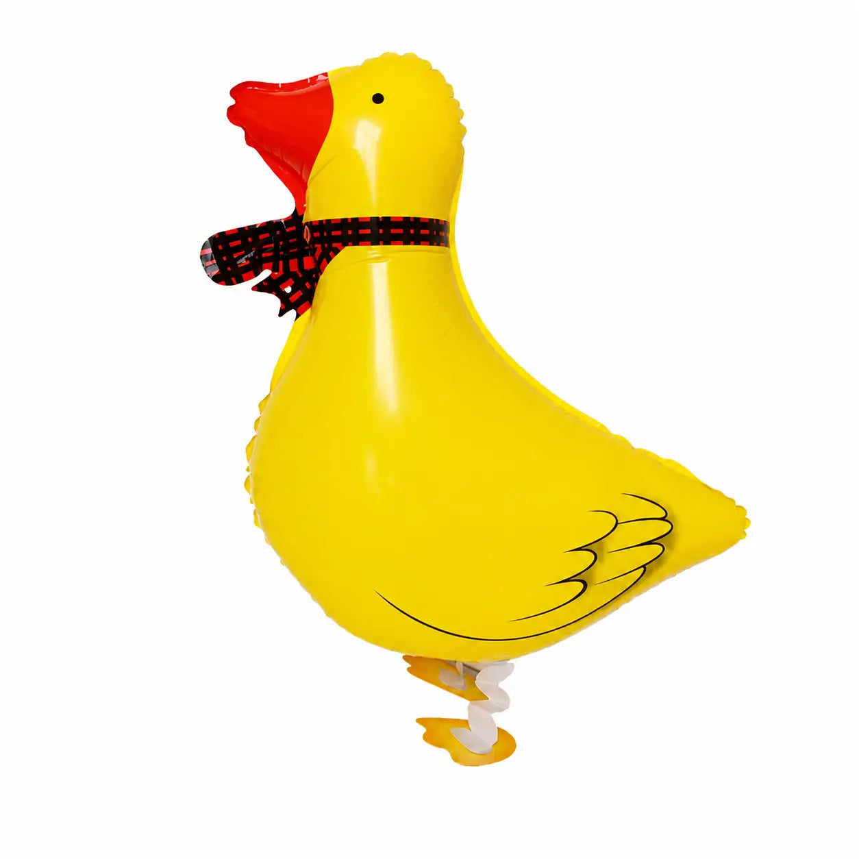Yellow duck walking balloon toy with scarf on white background