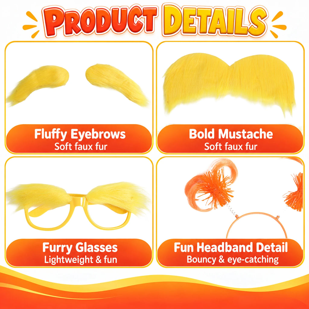 Product Details panels label Fluffy Eyebrows and Bold Mustache as Soft faux fur, with Furry Glasses and Fun Headband Detail.