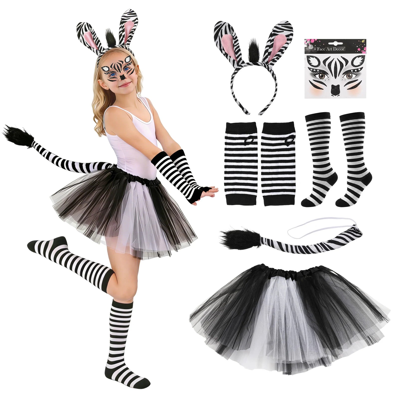 Zebra girls' animal costume six-piece set with tutu, ear headband, tail, arm warmers, knee socks and face stickers.