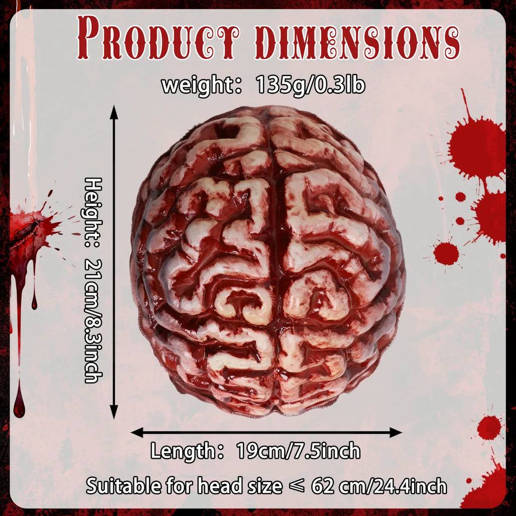 Dimension chart for the zombie exposed brain hat, showing the listed product measurements and scale.