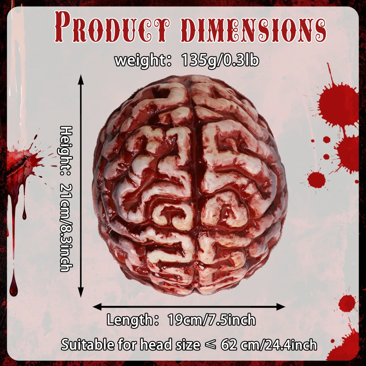 Dimension chart for the zombie exposed brain hat, showing the listed product measurements and scale.