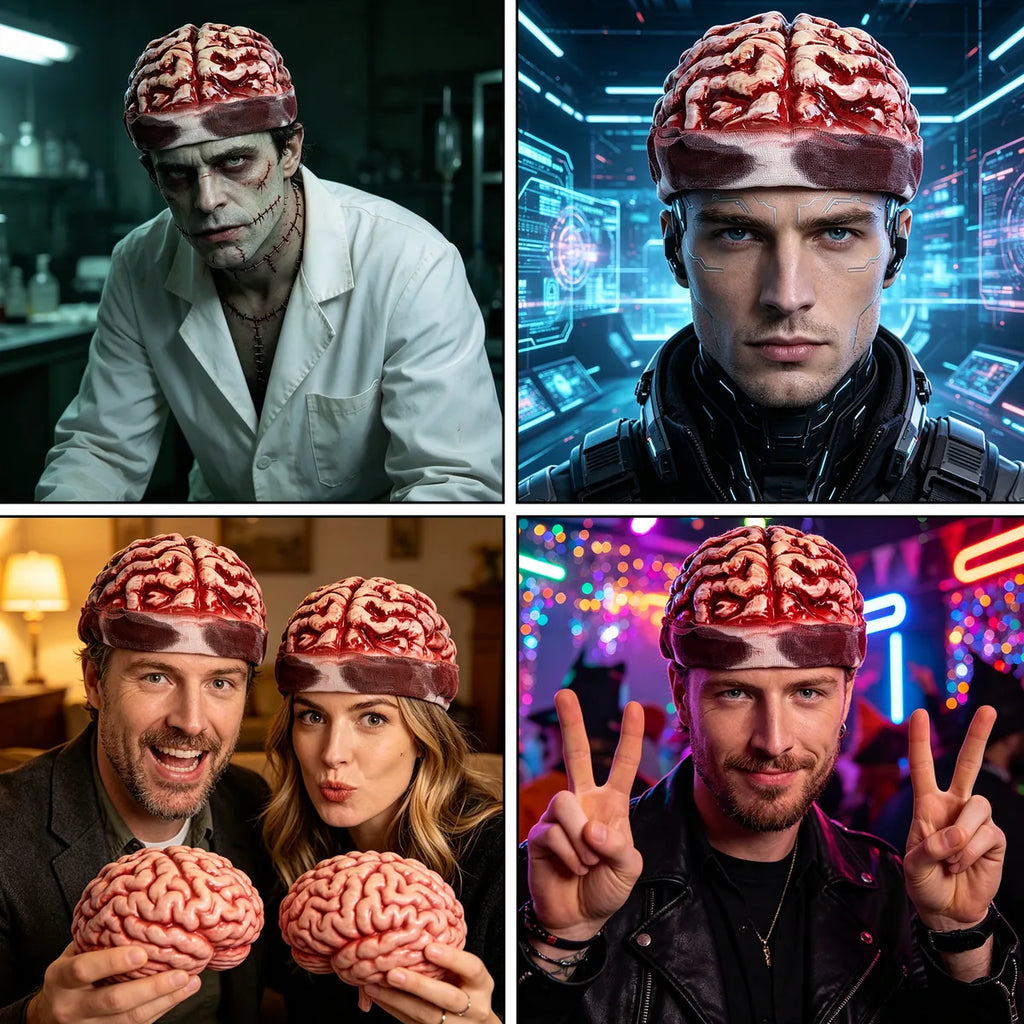 The zombie exposed brain hat shown across several styled Halloween and event display scenes.