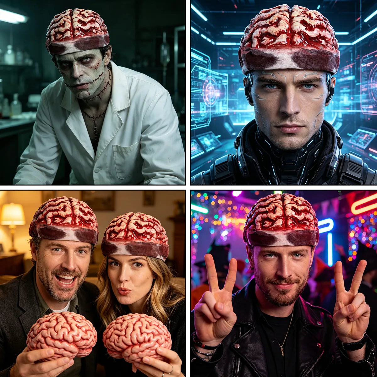 The zombie exposed brain hat shown across several styled Halloween and event display scenes.