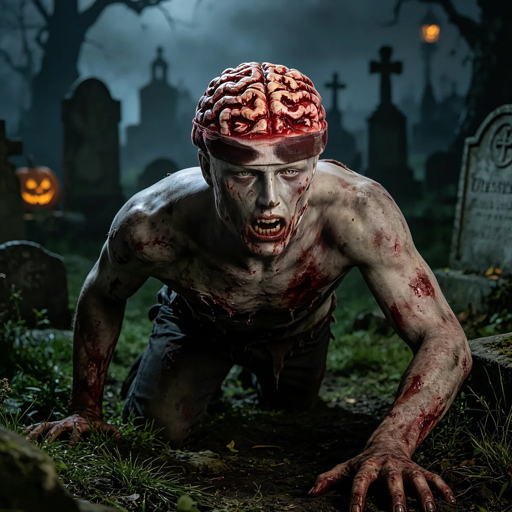 The zombie exposed brain hat displayed in a styled Halloween scene for visual context.