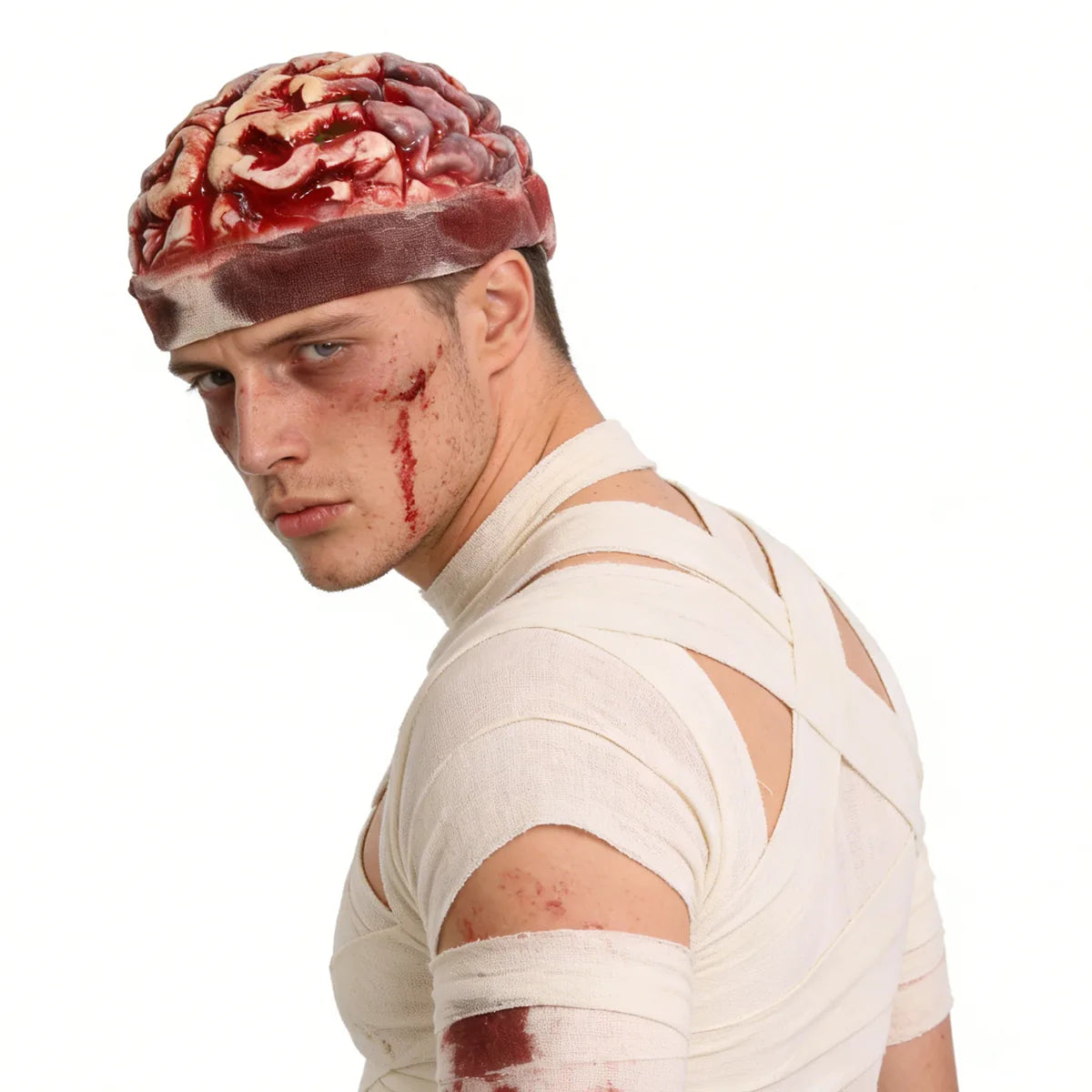 Side view of the zombie exposed brain hat, showing its profile and visible construction details.