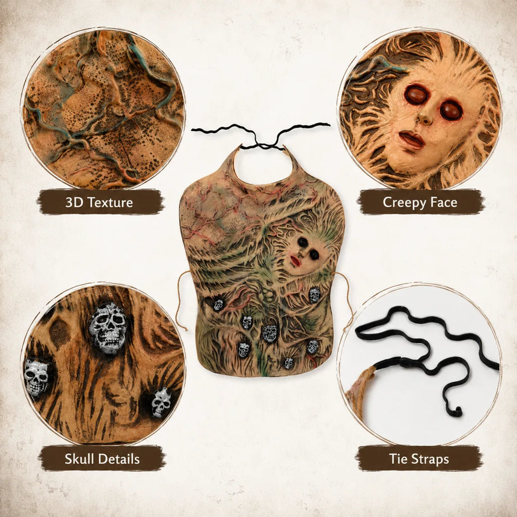 Close-up graphic shows texture, face, skull details, and ties on the black-eye zombie torso costume.