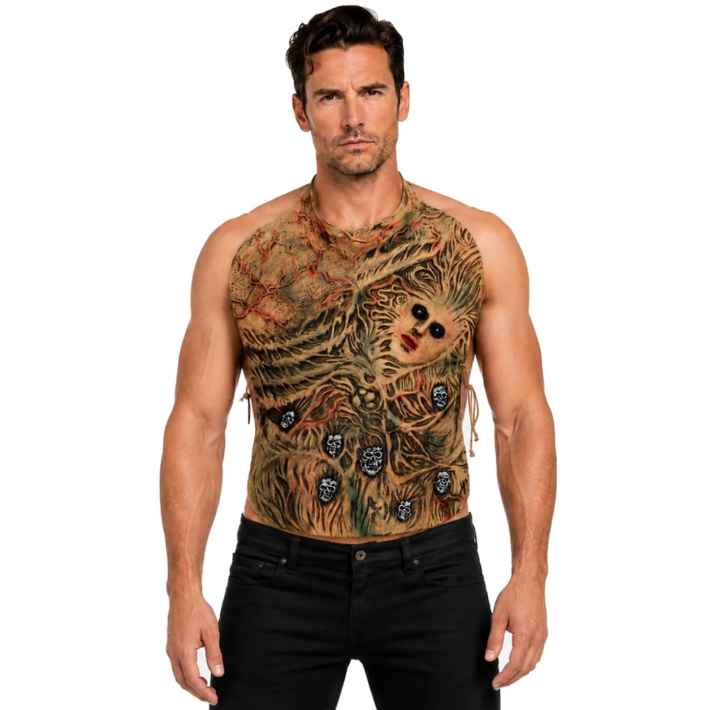 Front view of the black-eye zombie torso costume belly-only set on an adult.