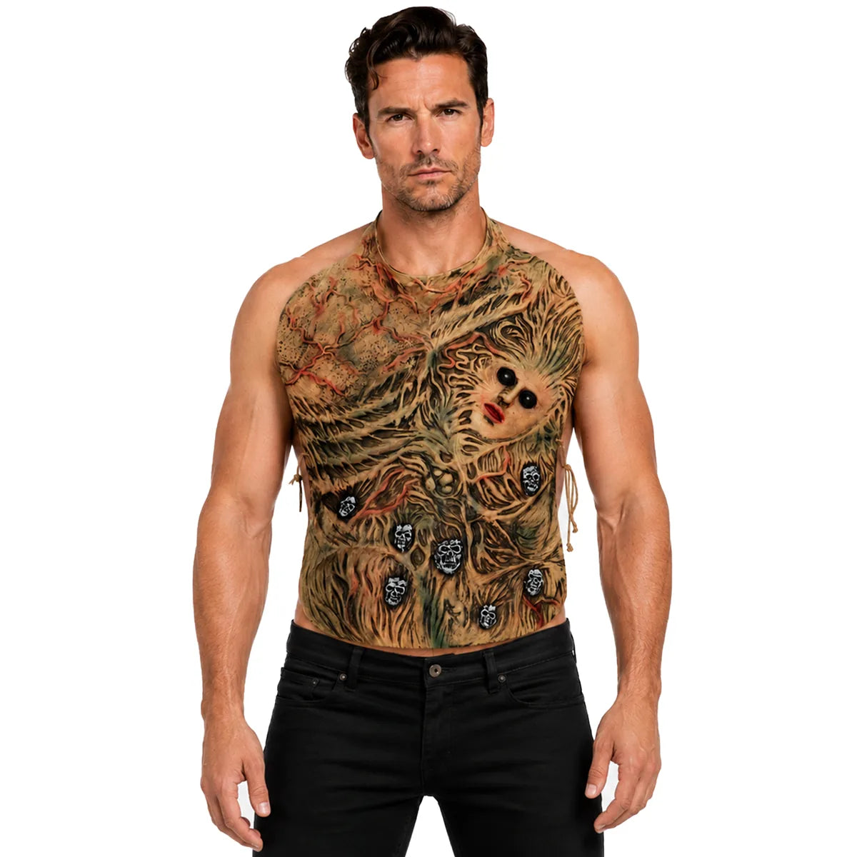 Front view of the black-eye zombie torso costume belly-only set on an adult.