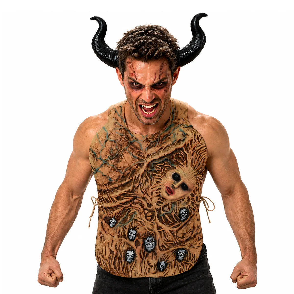Adult wears the black-eye zombie torso costume with the included black horn headband.