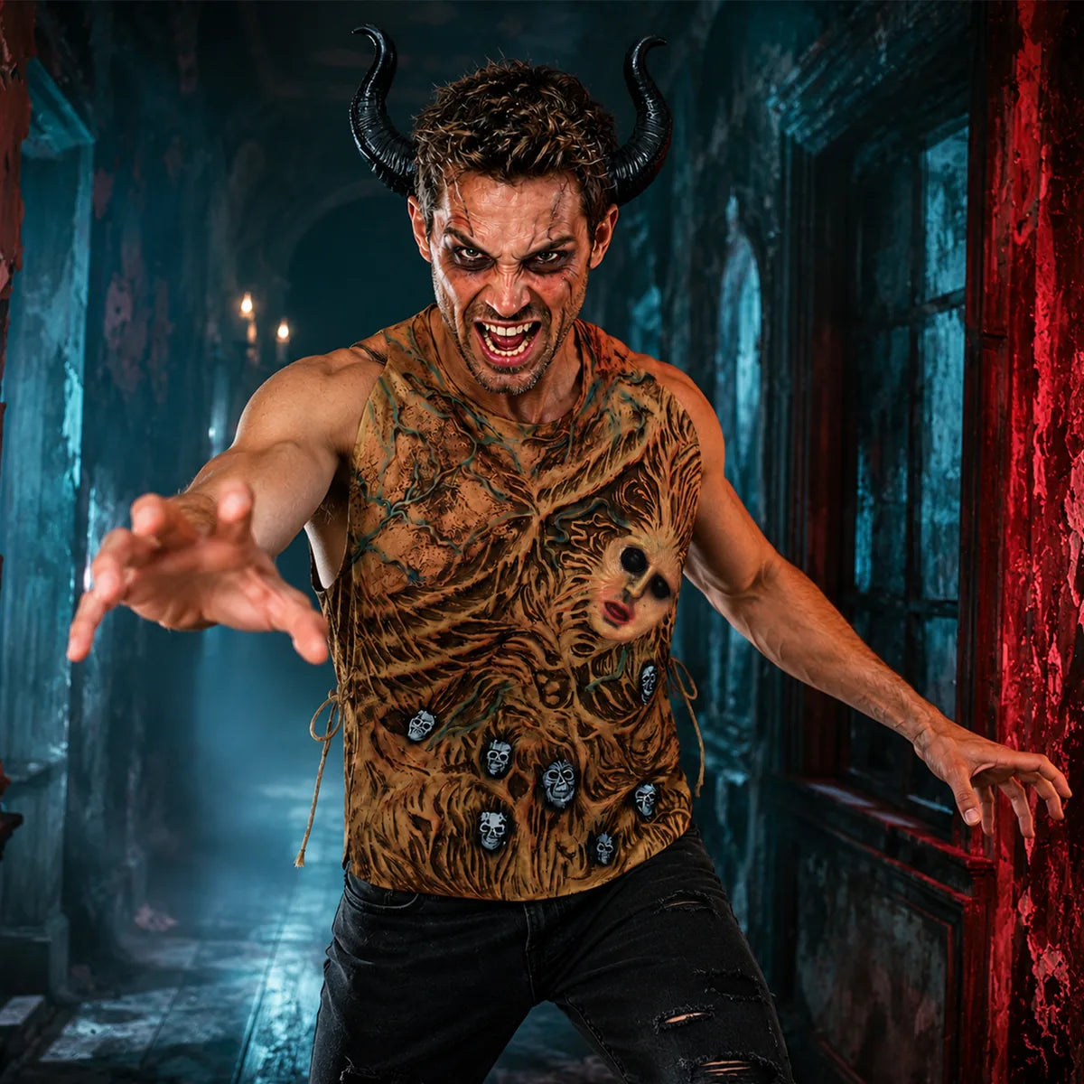 Black-eye zombie torso costume and black horn headband worn in a Halloween scene.