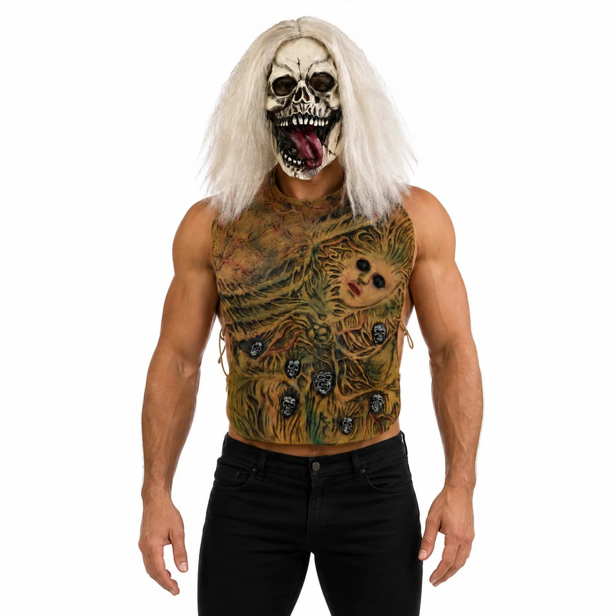 Adult wears the black-eye zombie torso costume with a skull mask and long white hair.