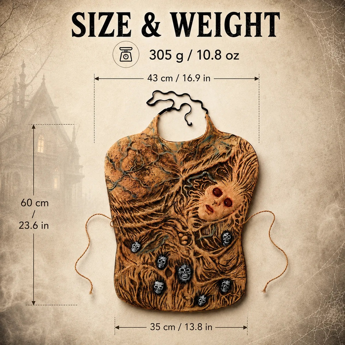 Zombie torso costume dimensions: 43 cm top width, 60 cm height, 35 cm bottom width.
