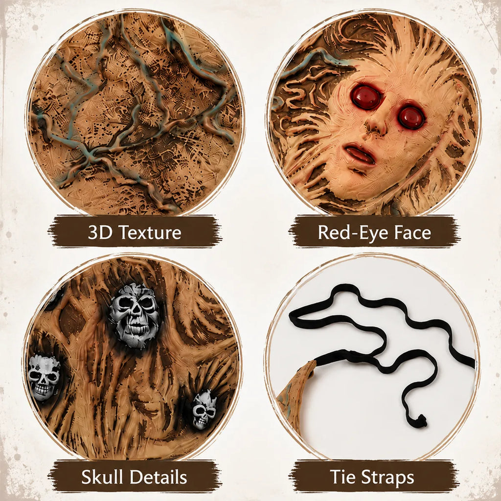 Close-up graphic shows texture, face, skull details, and ties on the red-eye zombie torso costume.
