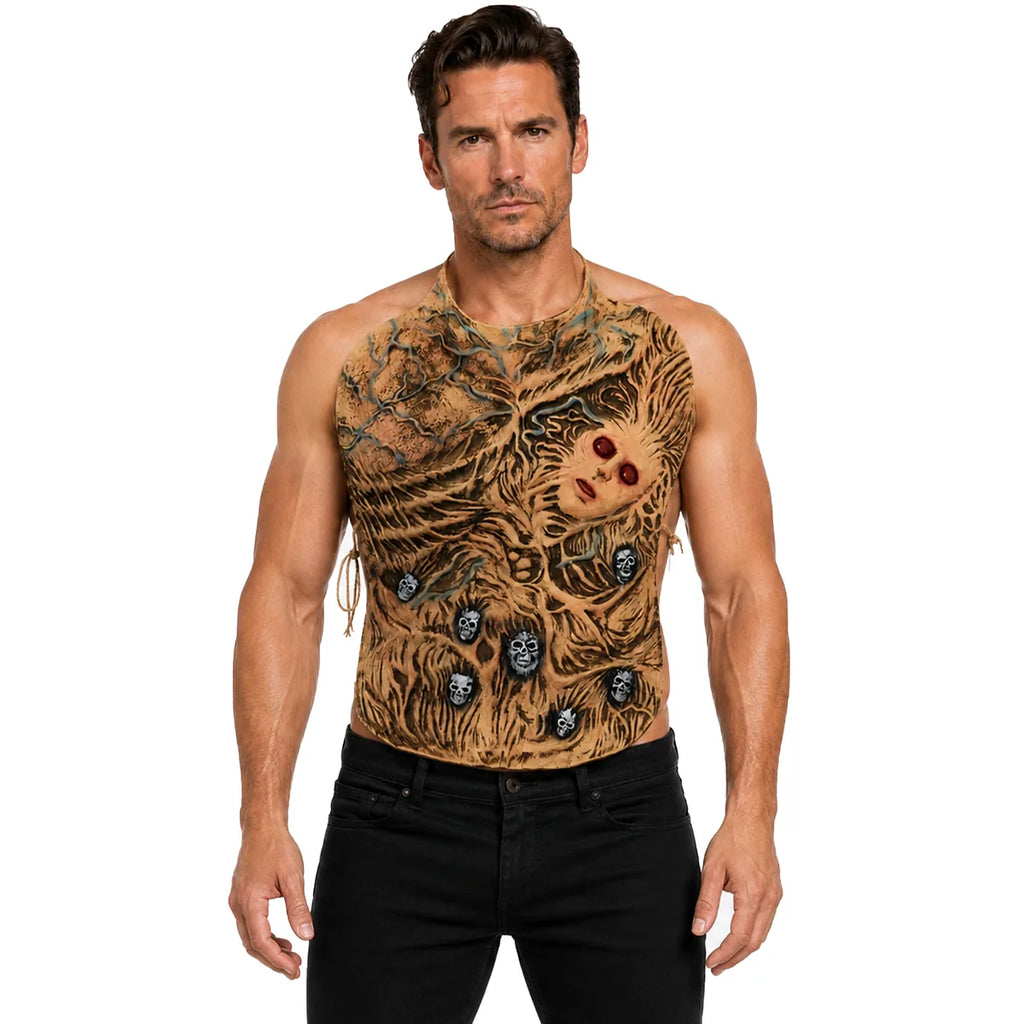 Front view of the red-eye zombie torso costume belly-only set on an adult.