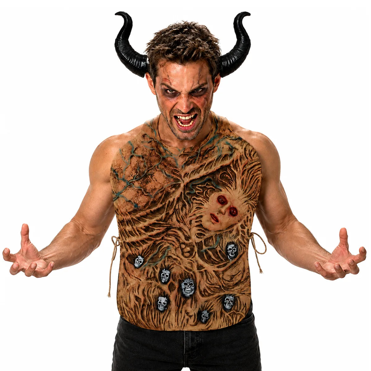 Adult wears the red-eye zombie torso costume with the included black horn headband.
