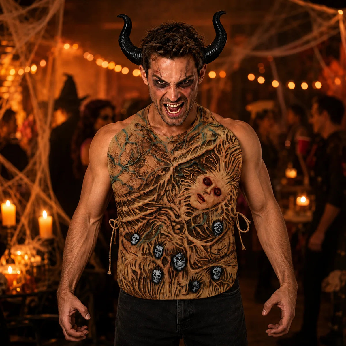 Red-eye zombie torso costume and black horn headband worn in a Halloween scene.