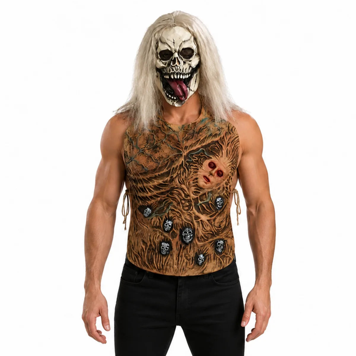 Adult wears the red-eye zombie torso costume with a skull mask and long white hair.